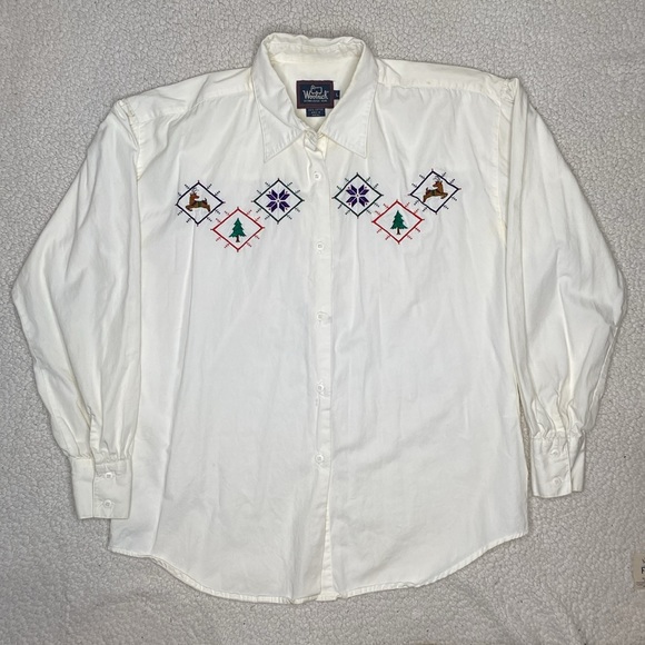 Vintage Woolrich Christmas Embroidered Long Sleeve Button Up Shirt: Size Large - Picture 1 of 11